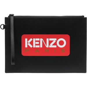Kenzo, Tassen, Heren, Zwart, ONE Size, Leer, Zwarte Logo-Print Clutch Tas