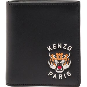 Kenzo, Opvouwbare Mini Varsity Leren Portemonnee Zwart, Heren, Maat:ONE Size