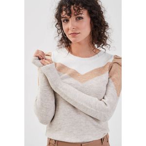 Cache Cache - Trui - Zand Grijs Wit - Dames - Ronde Hals - Lange Mouwen