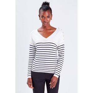 Cache Cache - Gestreepte Trui - Wit/Zwart/Beige - V-hals - Lange Mouwen