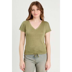 Cache Cache - Top - Kaki - V-hals - Korte Mouwen