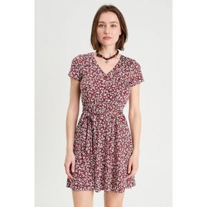 Cache Cache - Mini Jurk - Donkerrood - Korte Mouwen - V-hals met Knoopsluiting