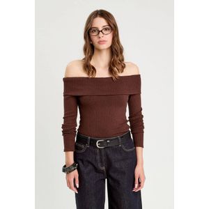 Cache Cache - Top - Donkerbruin - Lange Mouwen - Off Shoulder Kraagvorm