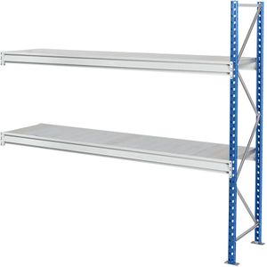 Manorga Zwaarlast-grootvakstelling met stalen legbordpanelen, framekleur blauw, h x b x d = 1996 x 2330 x 600 mm, aanbouwstelling