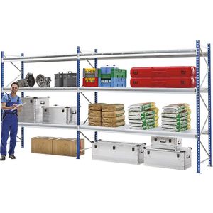 Manorga Zwaarlast-grootvakstelling met draadgaaspanelen, framekleur blauw, h x b x d = 2496 x 2410 x 800 mm, basisstelling