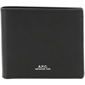 A.p.c., Zwarte Leren Bi-fold Portemonnee met Ingegraveerd Logo Zwart, Heren, Maat:ONE Size