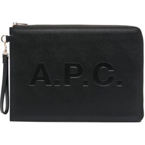 A.p.c., Tassen, Dames, Zwart, ONE Size, Polyester, Zwarte Leren Clutch met Ingedrukt Logo