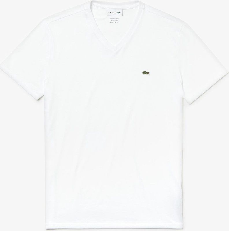Lacoste - TH6710 - T-Shirt - Wit - 100% Katoen - V-hals - Aansluitende Pasvorm