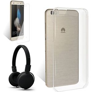 Beschermhoes voor Huawei P8 Lite, transparant, incl. displaybeschermfolie van gehard glas en hoofdtelefoon, Exopack Solo 3-in-1