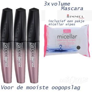Rimmel volume Colourist mascara-extreme Black- per drie stuks en een pakje micellar cleansing wipes