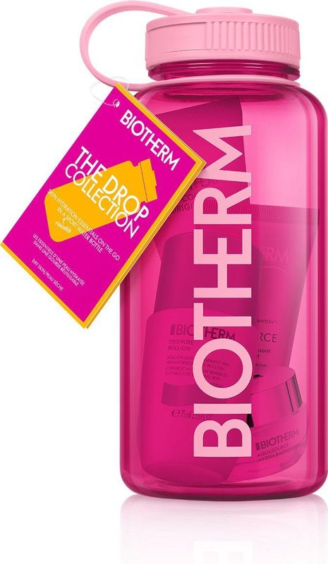 Biotherm - Pink Drop 4 Hydratatie-Essentials - 75ml Deo Pure Roll On - 50ml Lait Corporel - 50ml Biosource Nettoyant - 15ml Aquasource Hydra Barrier - Roze Sportwaterfles