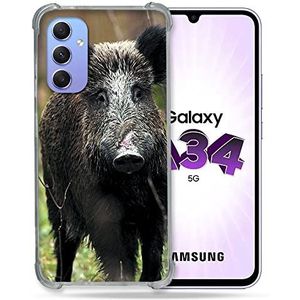 Cokitec Beschermhoes van gehard glas voor Samsung Galaxy A34 5G, jacht op wilde zwijn, hout