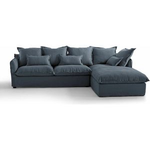 Hoekbank van gekreukt linnen, Odna LA REDOUTE INTERIEURS. Gekreukt linnen materiaal. Maten linkerhoek. Blauw kleur