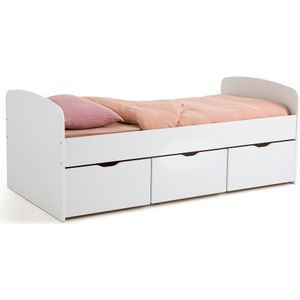 Bed met beddenbodem en lades, Sami SO'HOME. Hout, medium (MDF) materiaal. Maten 90 x 190 cm. Wit kleur