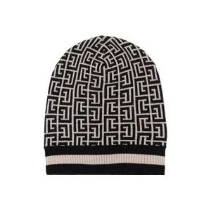 Balmain, Accessoires, Dames, Zwart, ONE Size, Wol, Monogram Logo Beanie Hoed