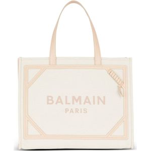 Balmain B-Army 42 canvas en gladleren tote tas , Beige , Dames , Maat: ONE Size