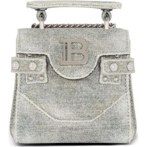 Balmain B-Buzz vintage-effect denim mini tas , Gray , Dames , Maat: ONE Size