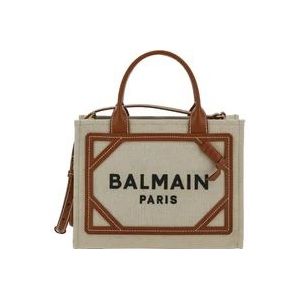 Balmain Bruine Canvas Shopper Tas met Leren Details , White , Dames , Maat: ONE Size