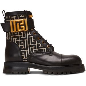 Balmain, Schoenen, Dames, Zwart, 36 EU, Leer, Charlie monogram jacquard en leren rangerlaarzen