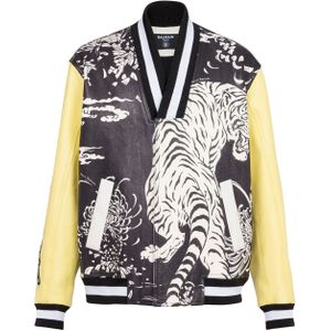 Balmain, Jassen, Heren, Veelkleurig, L, Leer, Leren varsity jack met Tiger print