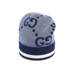 Gucci Blauwe Gebreide Beanie met GG Patroon , Blue , Heren , Maat: M