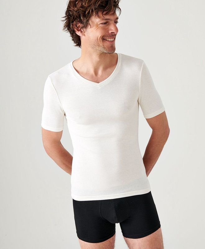 Damart - Thermolactyl Sensitive - T-shirt met Korte Mouwen - V-hals - Wit