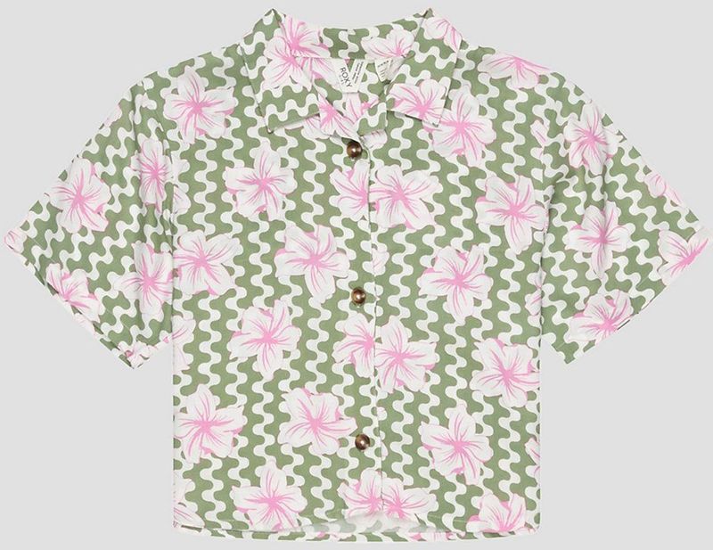 ROXY - SALTY SUN - Functioneel Shirt - Kiwi/Lichtroze/Wit - Jersey, Bloemenprint, Knoopsluiting