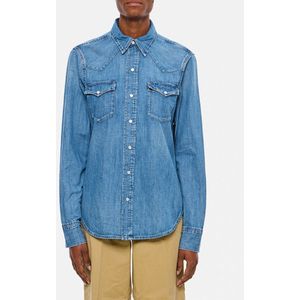 Blouse - Effen - Denim - Lange Mouwen - Slanke Pasvorm