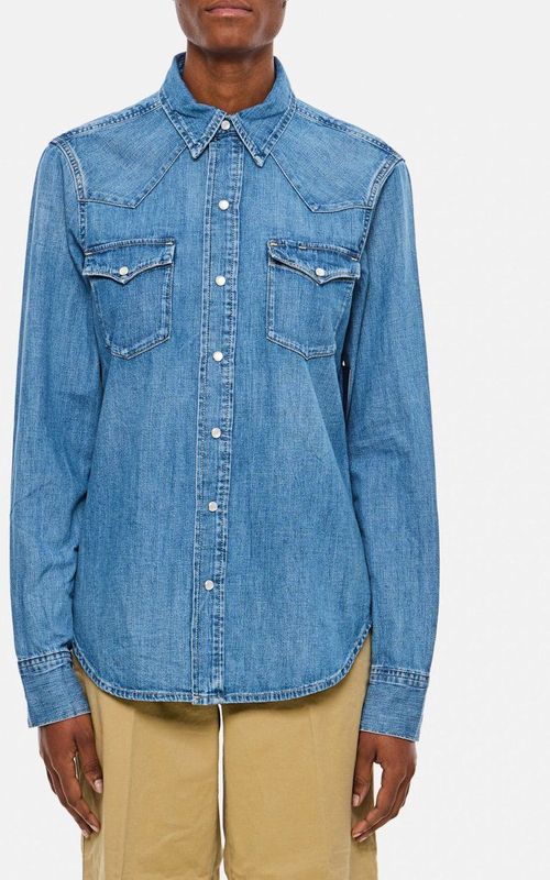 Blouse - Effen - Denim - Lange Mouwen - Slanke Pasvorm