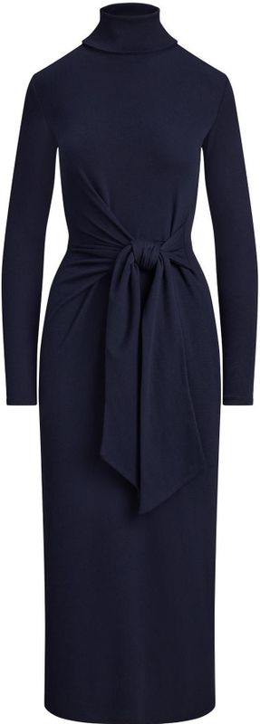 LAUREN RALPH LAUREN - Midi-jurk - Blauw - Lange Mouwen - Rolkraag - Striksluiting