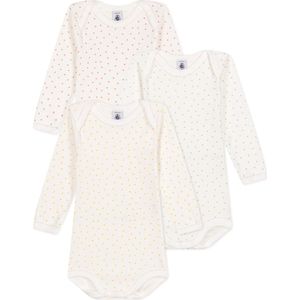 Petit Bateau - Set van 3 Katoenen Body's - Lange Mouwen - Hartjesprint - Ribstof