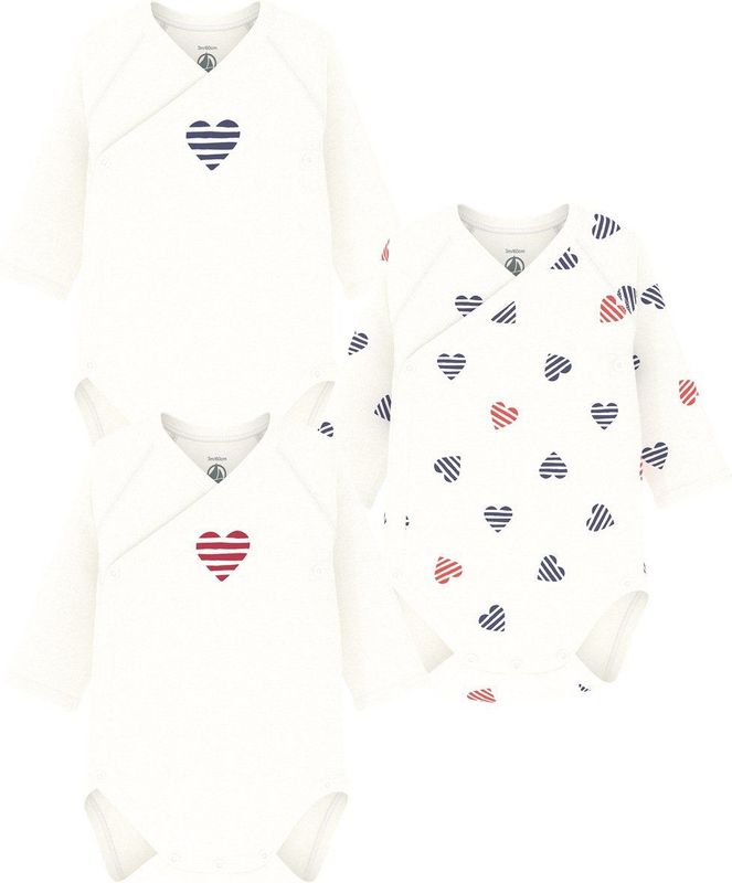 Petit Bateau - Set van 3 Gekruiste Rompers - Unisex - 1x1 Rib - Katoen