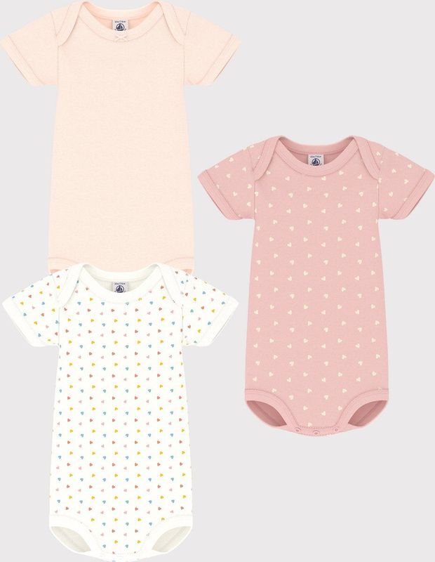 Petit Bateau - Set van 3 - Rompertjes - Roze - Biologisch Katoen, Amerikaanse Halslijn, Korte Mouwen