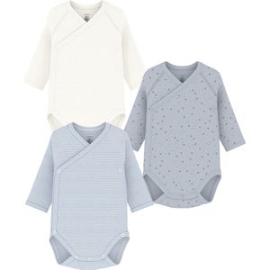 PETIT BATEAU - Set van 3 Rompers - Blauw - Lange Mouwen - Overslaghals