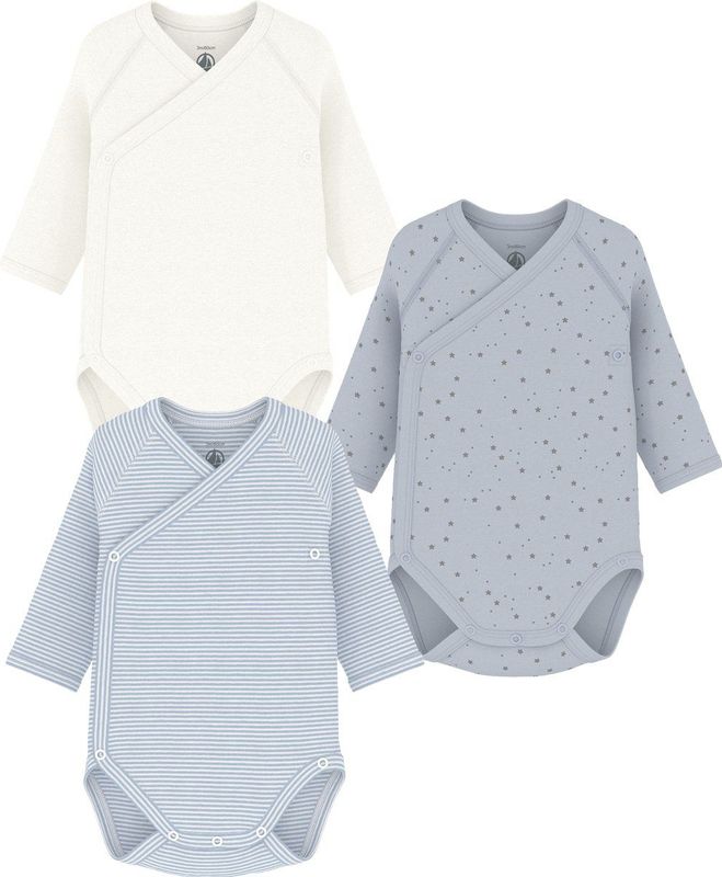 PETIT BATEAU - Set van 3 Rompers - Blauw - Lange Mouwen - Overslaghals