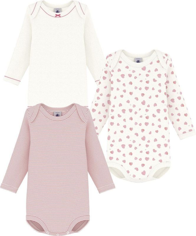 Petit Bateau - Set van 3 Body's - Rozen - Lange Mouwen - Hartjesprint