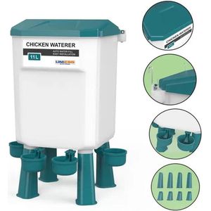 UniEgg® Drinker - 11 Liter (Groen) - automatisch en innovatief 4 drinkers, inclusief ophangset en poten - drinkbak kip en ander pluimvee of gevogelte