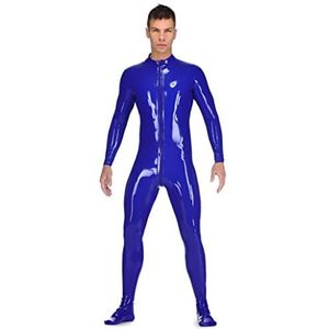 Donkerblauw Sexy Mannen Latex Catsuit Rubber Gummi Bodysuits Sokken met Voorkruis Rits