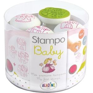 Aladine Stampo Baby Prinsessen – knutselset voor baby's – wasbare inkt – speelgoed en creatieve spelletjes voor kinderen – doos met 4 stempels + grote roze inkt inbegrepen – vanaf 18 maanden 3809