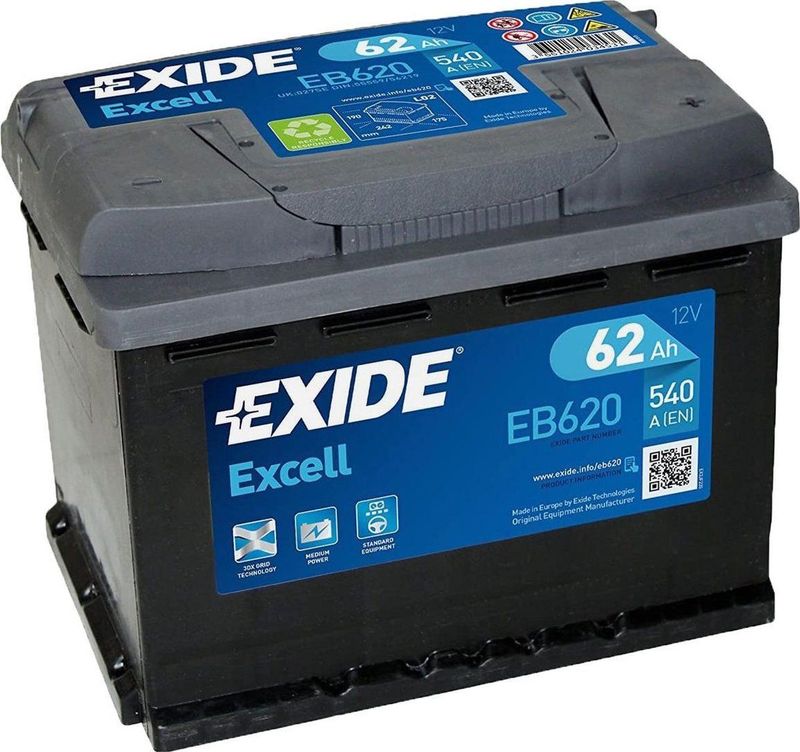 Exide - Excell EB620 - Auto Accu - 62 Ah - Onderhoudsvrij - Recyclebaar