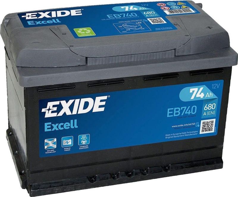 Exide - Excell EB740 - Accu - 74 Ah - Onderhoudsvrij