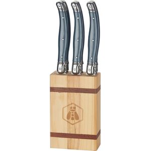 Laguiole - 6 steakmessen Grijsblauw met houten opbergblok