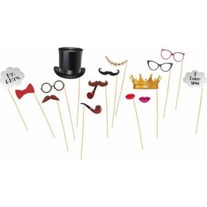 Chaks Foto props huwelijk thema set - 15-delig - op stokjes - photobooth props