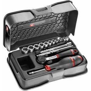 FACOM R.161-2P6 ratel plus dopsleutelset, 6-kant, meerkleurig, 1/4 inch, 15-delige set