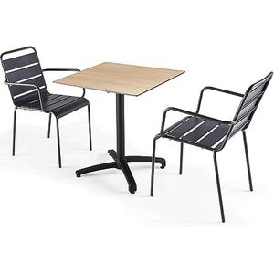 Oviala Business Eiken natuur laminaat tuintafel en 2 grijze stoelen - Oviala - grijs Metaal 110095