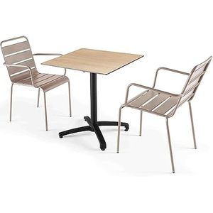 Oviala Business Eiken natuur laminaat tuintafel en 2 taupe fauteuils - Oviala - grijs Metaal 110096