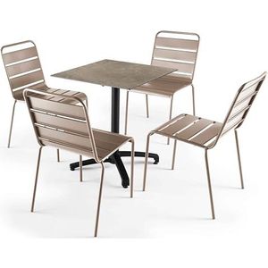 Oviala Business Set van beige marmeren laminaat tuintafel en 4 taupe stoelen - Oviala - grijs Metaal 110114