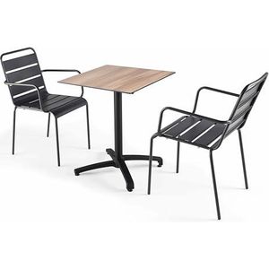 Oviala Business Set van donker eiken laminaat tuintafel en 2 grijze fauteuils - Oviala - grijs Metaal 110137