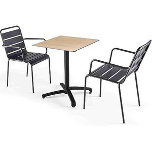 Oviala Business Gelamineerde eiken tuintafel en 2 grijze fauteuils - Oviala - grijs Metaal 110139