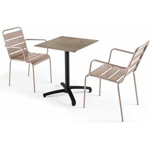 Oviala Business Set van marmeren laminaat tuintafel en 2 taupe fauteuils - Oviala - grijs Metaal 110148